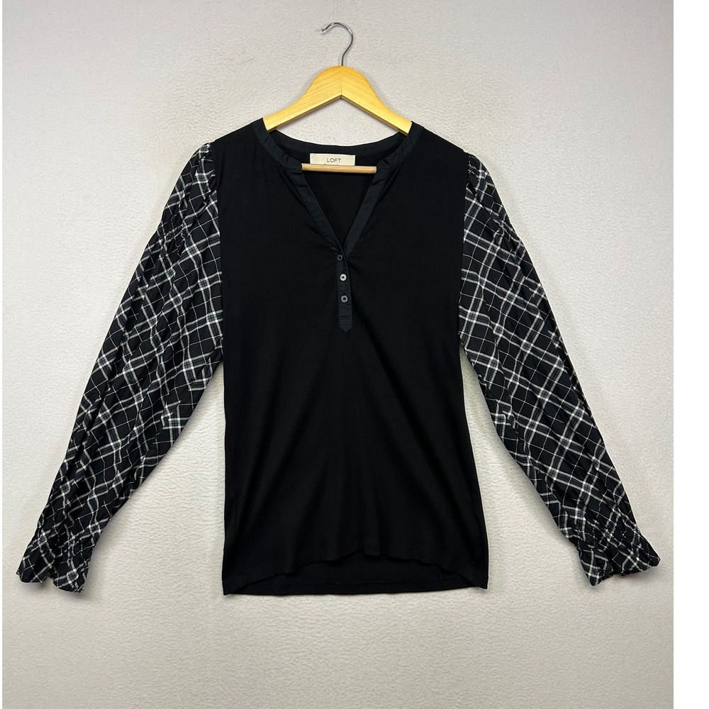 Plaid Mixed Media Loft Womens Large Black Henley Long Sleeve Top Office Chic